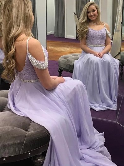 SP1717,A-Line Lilac Long Prom Dresses Chiffon Evening Dress With Beading