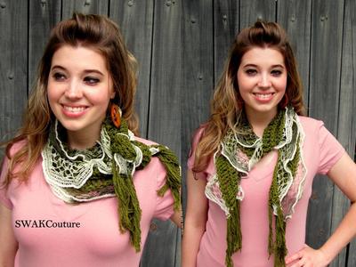 Shabby chic lace cotton scarf summer lightweight scarf olive green & cream