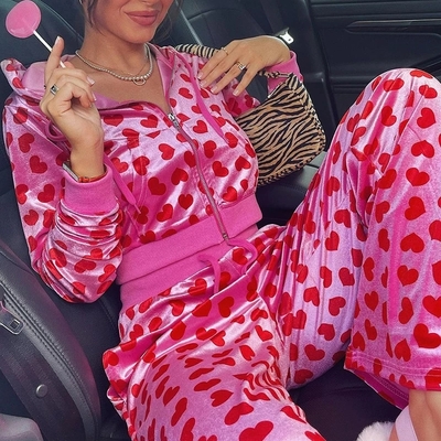 Cute Pink Heart Print Velvet Tracksuit Set Long Sleeve Cropped Hoodie + Sweatpants Aesthetic Casual Summer E-Girl Kawaii Korean Japanese Harajuku
