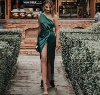 SP1737,One Shoulder Slit Side Dark Green Prom Dresses