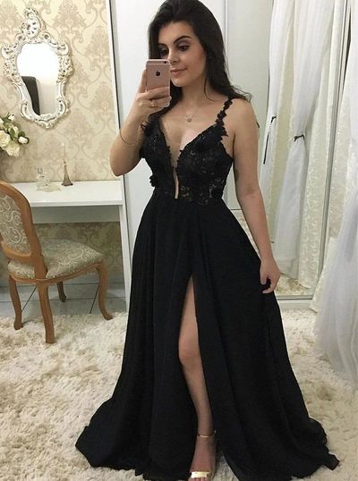 SP1756,Black Long Prom Dresses with Appliques,Sexy Split Evening Dress