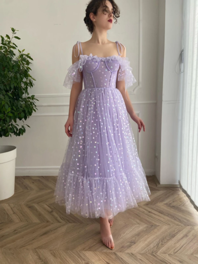 SP1762,Lavender Tea Length Homecoming Dresses,Lace Short Prom Dresses