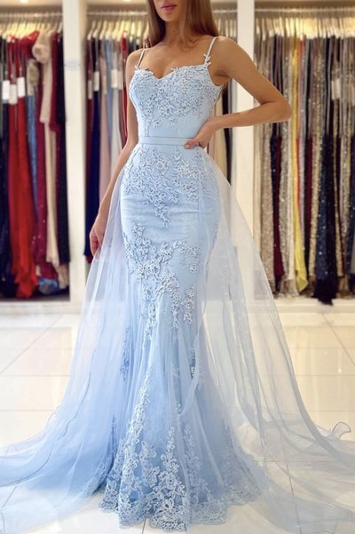 SP1763,Glamorous Spaghetti-Straps Lace Mermaid Long Evening Prom Dress Sky Blue