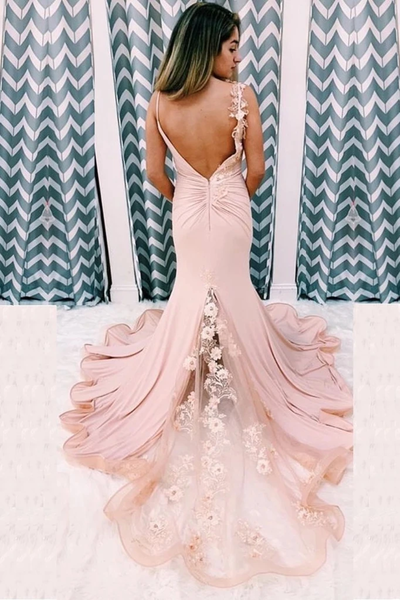 SP1765,Pretty Spaghetti Straps Ruffles Backless Mermaid Prom Dresses With Appliques