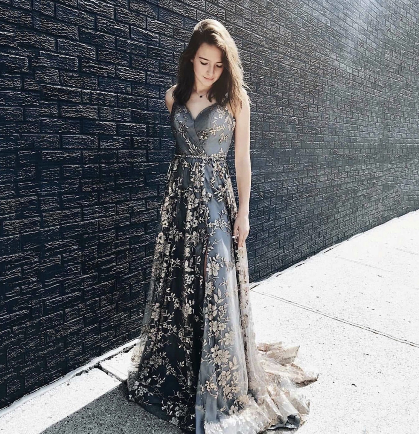 Gray tulle sequins long prom dress evening dress