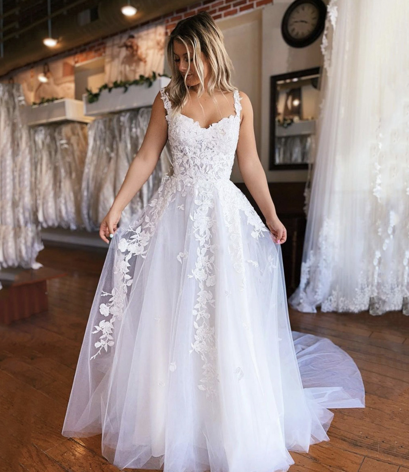 White tulle lace long prom dress A line evening gown