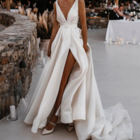 Vintage A-Line V Neck Satin Wedding Dresses with Slit,1157 - Thumbnail 2