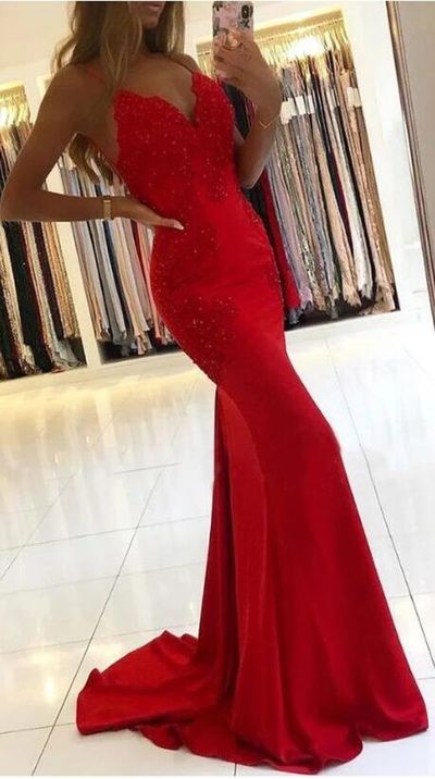 SP1773,Red Mermaid Spaghetti Straps Applique Long Prom Dresses