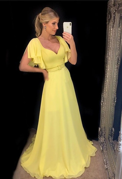 SP1779,Sexy Long Prom Dresses Chiffon Full Length Yellow Prom Dress