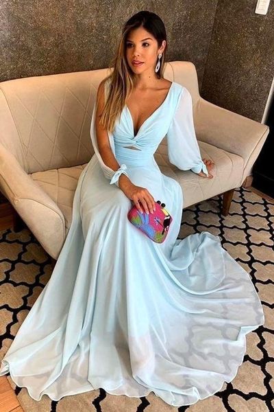 SP1781,Sexy Light Blue Long Prom Dresses Chiffon A line Long Sleeves Evening Party Gown