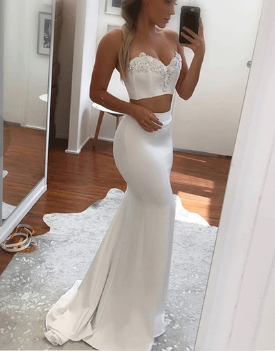 SP1794,White Sweetheart Two Piece Mermaid Prom Dress,Applique White Evening Dress