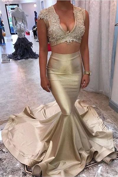 SP1796,Two Pieces Gold Mermaid Applique Trumpet Long Prom Dresses