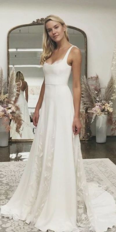 SP1802,Elegant A-Line Square Neck White Beach Wedding Dresses Wedding Gown With Lace