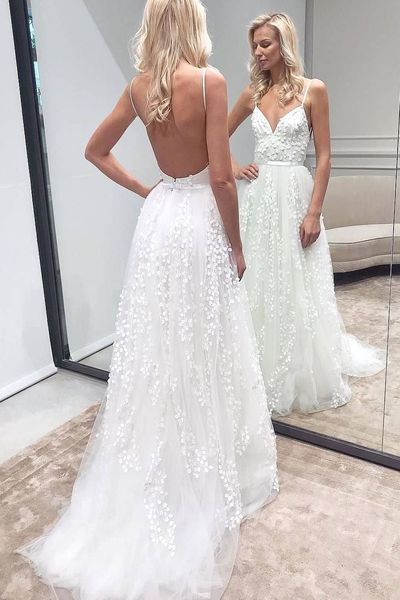 SP1804,White Lace Spaghetti Straps Wedding Gown Open Back Long Bridal Dresses