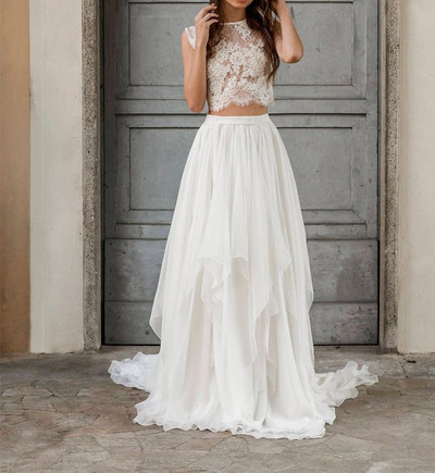 SP1822,Ivory Two Pieces Lace Chiffon Layered Wedding Bridal Gown