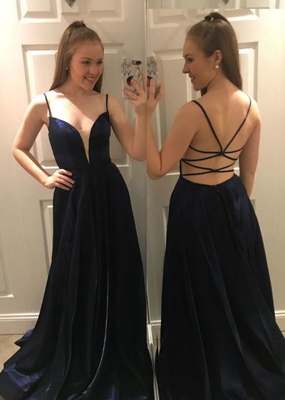 SP1811,Sexy Spaghetti-straps Backless Long Dark Blue Prom Dress