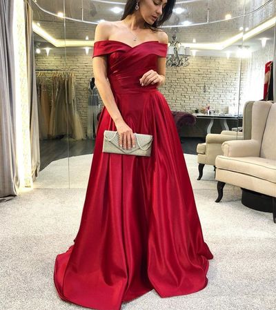 SP1824,Elegant Off-the-Shoulder Burgundy Satin Prom Dress with Ruched