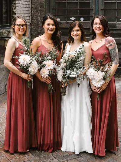 SP1831,A Line V-neck Long Chiffon Simple Brick Red Bridesmaid Dresses