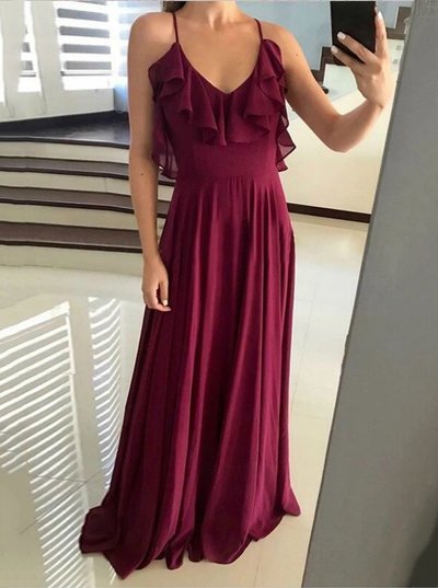 SP1832,Flowy Flounced Neckline Chiffon Long Backless Prom Dresses