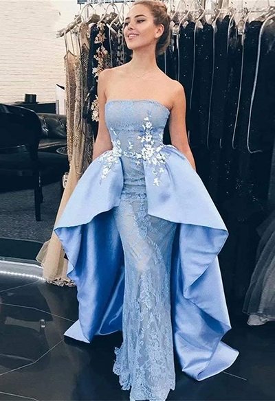 SP1835,Strapless Lace Blue Prom Dress,Mermaid Formal Gown with Detachable Train