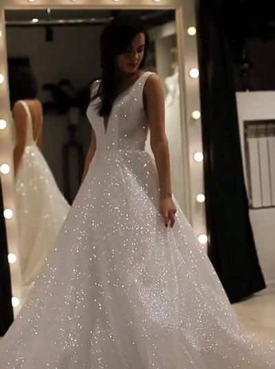 SP1836,Sparkly V-neck Backless Wedding Gown, Sequins Prom Dress On Sale