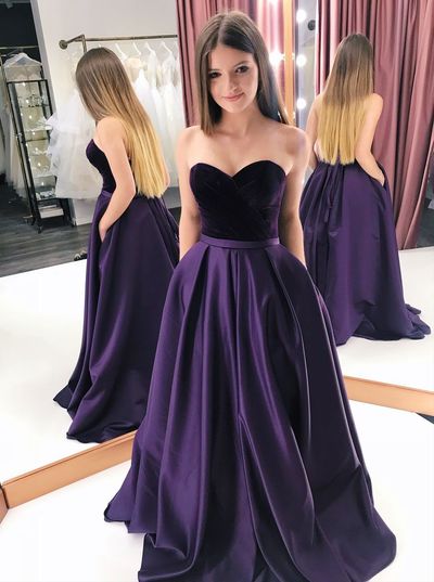 SP1838,Elegant Purple Satin Sweetheart Long Prom Dresses With Pockets