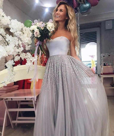 SP1841,Sparkly Beading Long Prom Dresses Sweetheart Tulle Evening Gowns