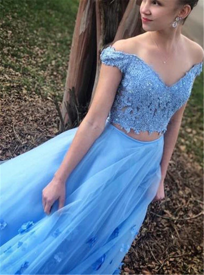 SP1844,Two Piece Blue Prom Dress Off-The-Shoulder A Line Long Graduation Gown