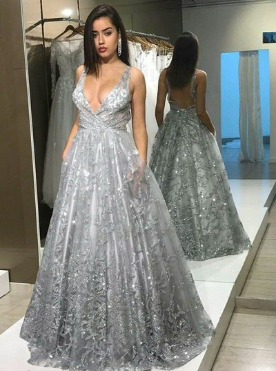SP1847,Deep V-neck Long Sequins Prom Dresses,Backless Formal Dress With Pockets