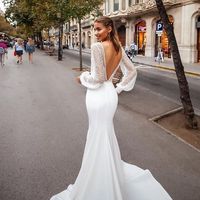 New Arrival Mermaid V Neck Long Sleeve White Sequin and Satin Wedding Dresses with Slit - Thumbnail 1