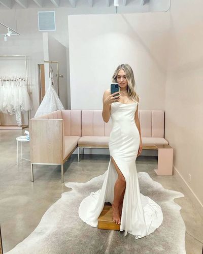 Simple Mermaid Cowl Neck Spaghetti Straps Satin Wedding Dresses with Slit
