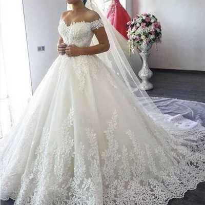 SP1851,Charming Ivory Off The Shoulder Lace Applique Wedding Gown with Long Train