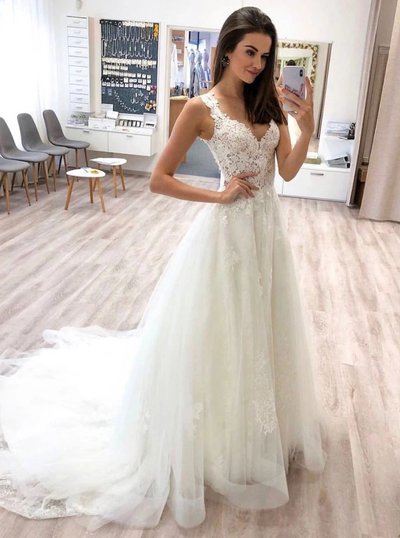 SP1853,A-line V-neck Tulle Long Prom Wedding Dresses With Lace Appliques