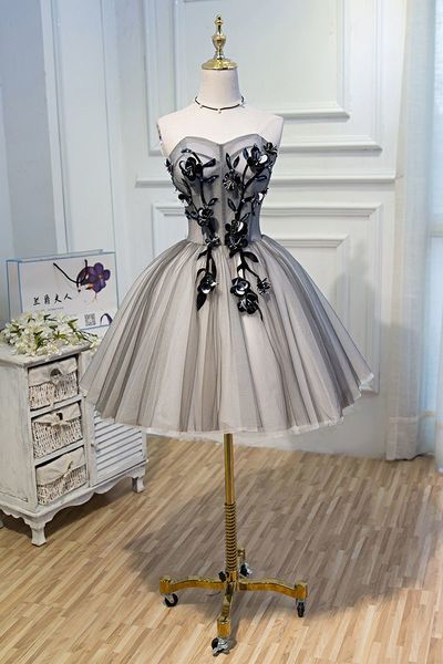 SP1880,Grey Strapless Tulle Applique Mini Prom Dresses,School Dance Dress