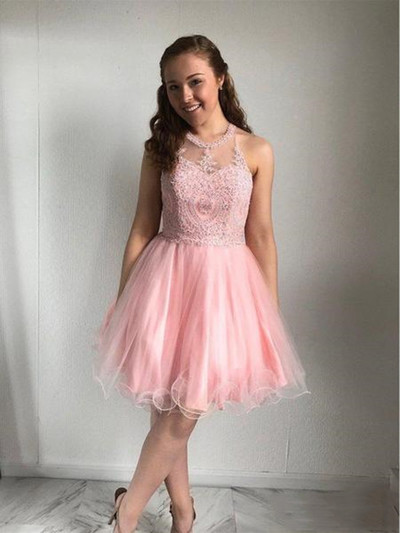 SP1882,Pink Sleeveless A line Lace Organza Homecoming Dresses