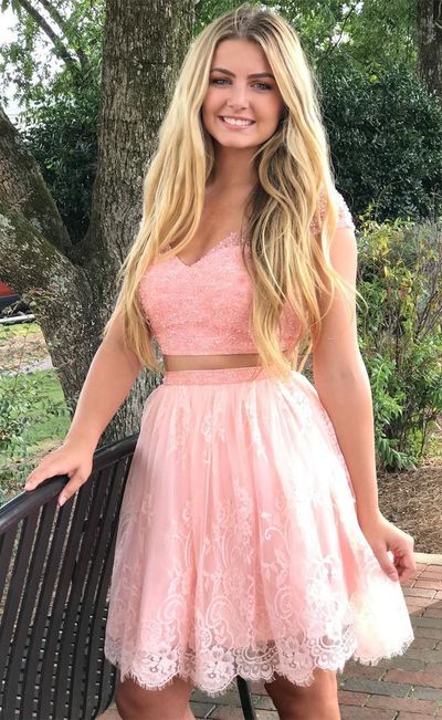 SP1884,Cap Sleeves Two Piece V-neck Coral Lace Homecoming Dress With Beaded