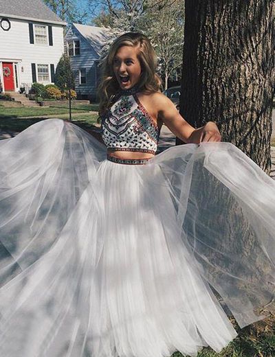 SP1886,Halter Neck Two Piece Embroidery Prom Dress with Beading