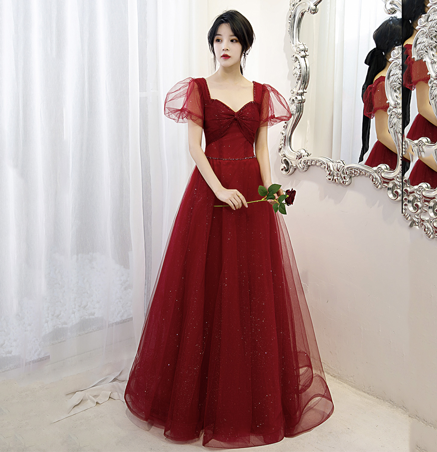 Burgundy tulle long A line prom dress evening gown