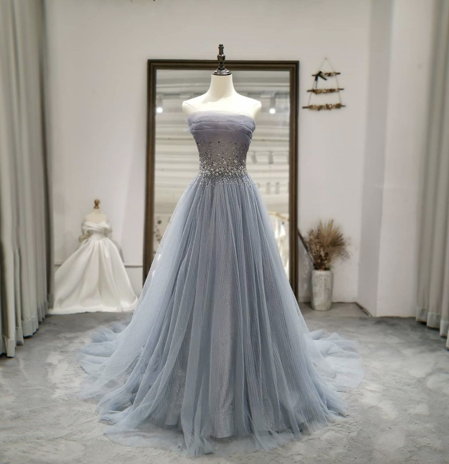 Gray tulle beads long prom dress A line evening gown