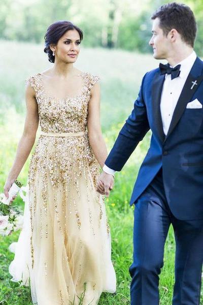 Illusion Neck Beading Long Gold Wedding Dress with Sheer Back Long Prom Dresses,604