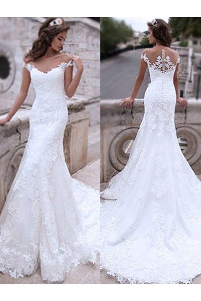 Trumpet/Mermaid Tulle Applique Off-The-Shoulder Sleeveless Sweep/Brush Train Wedding Dress,606