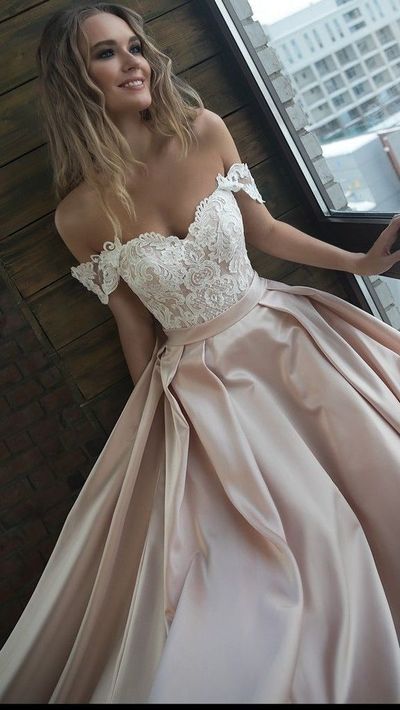 Chic Satin Prom Dresses Off the Shoulder Cheap Lace Sweetheart Wedding Dress,605