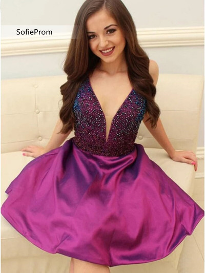 SP1905,A-line V-neck Beading Bodice Short Prom Homecoming Dress