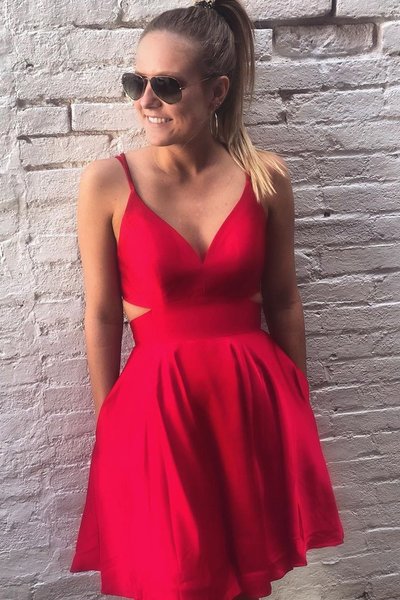 SP1911,Simple V-neck Cut-out A Line Spaghetti Straps Short Party Dress