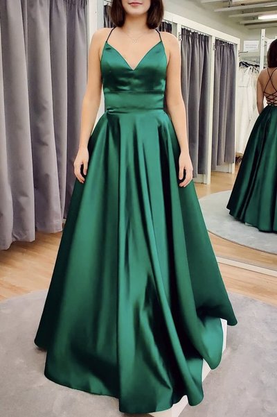 SP1914,Green satin long A line prom dress evening dress full length party gown