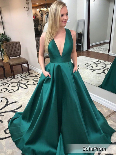 SP1915,Sexy Dark Green Satin Deep V-Neck A-Line Long Prom Dress Formal Gown With Bow Back