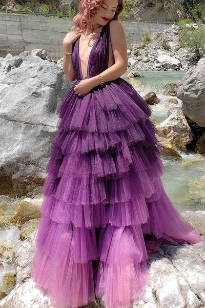 SP1916,Purple Tiered Tulle Skirt Prom Dresses Deep V-neckline Sexy Evening Dresses