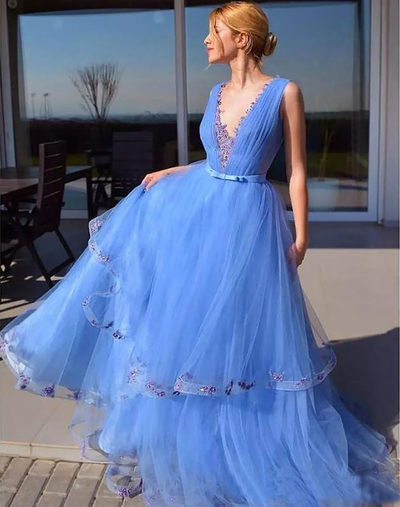 SP1917,Cinderella Blue Prom Dresses Pageant Dress With Appliques