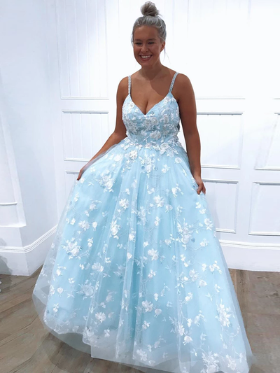 SP1918,A-line Light Sky Blue Prom Dresses, Appliques Tulle Long Graduation Dress