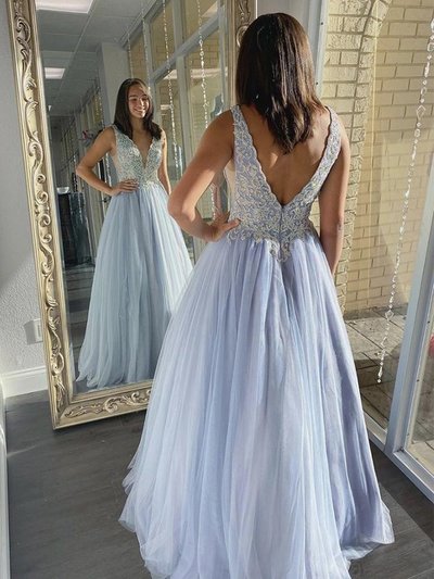 SP1920,A-line V-neck Tulle Lace Appliques Long Prom Dresses Formal Dress